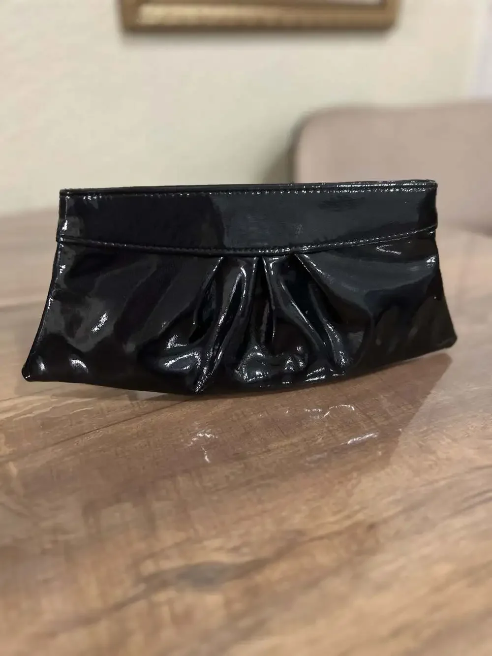 Lauren Merkin Black Patent Leather Pleated Evening Clutch Handbag